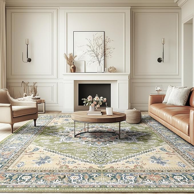 BESTSWEETIE 8x10 Area Rugs for Living Room Washable Non Slip Carpet Low Pile Soft Vintage Print Pattern Rug for Bedroom Dining Room Kitchen Entryway Indoor-Green/Light tan/Blue/Grey