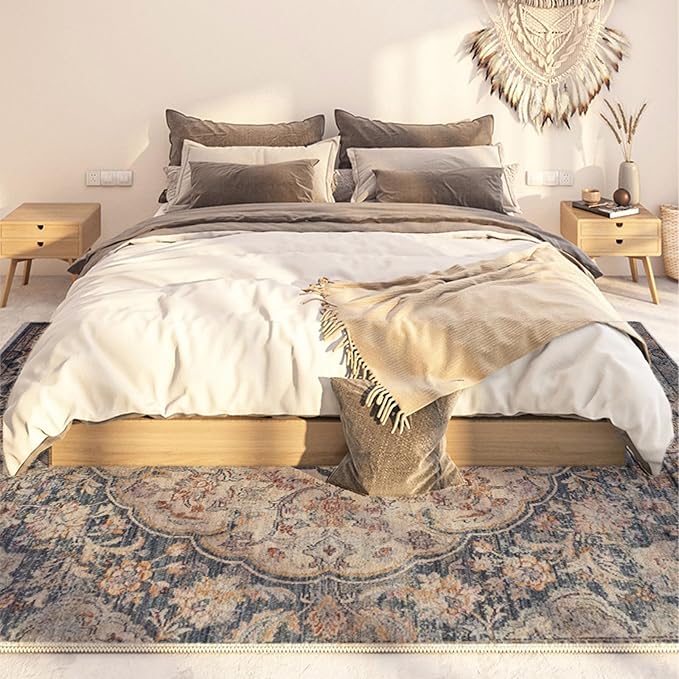 Yancorp 5'x7'Boho Area Rug for Bedroom Non Slip Washable Rug Vintage Carpet Living Room Non-Shedding Hallway Runner Rug Indoor Floor Mats Bedroom Kitchen Entryway Rugs-Rectangle Blue Grey