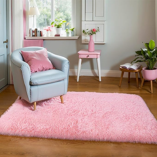 Thick Area Rug Pink Fluffy Shag 3x5 for Girls Bedroom, Soft Cozy Fuzzy Plush Rug for Living Room, Machine Washable Shaggy Furry Pastel Carpet for Kids Toddler Boys Nursery Dorm Room
