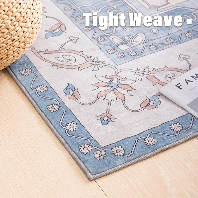 Carvapet Rugs for Living Room, Vintage Low Pile Large Carpet with Rubber Backing, Foldable, Non Slip Machine Washable (10 x 8 Feet Rectangular, Orange/Blue Area Rug)