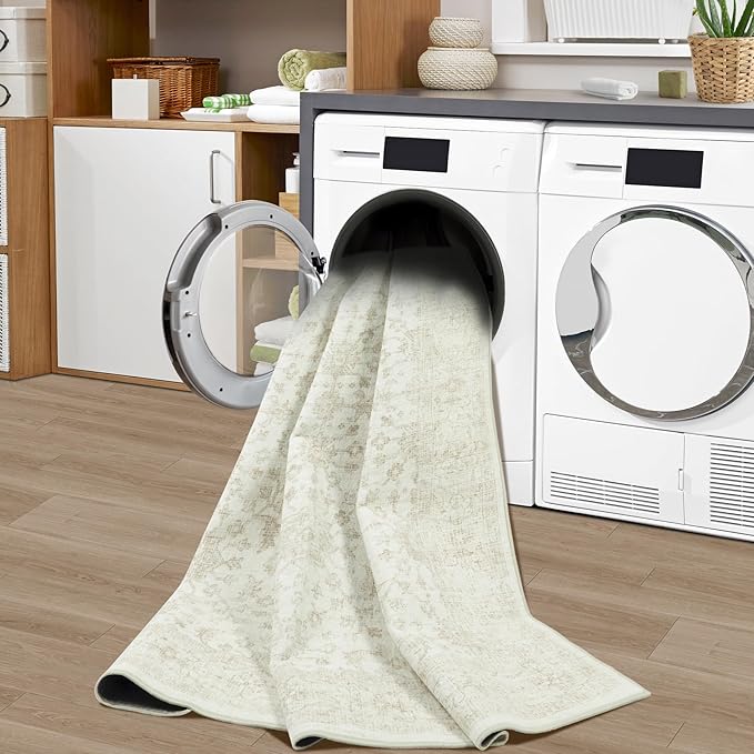 Washable Rugs 8x10 Area Rugs, Soft Vintage Living Room Rug with Anti-Skid Backing Stain Resistant Thin Indoor Carpet Large Area Rug for Bedroom Under Dining Room Table Nursery Entryway-Light Beige