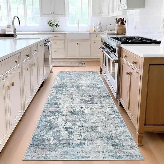 Washable Runner Rug, 2'6" x 8' Non-Slip Kitchen Vintage Foldable Hallway Runners for Entryway, Laundry, Bedroom, Blue