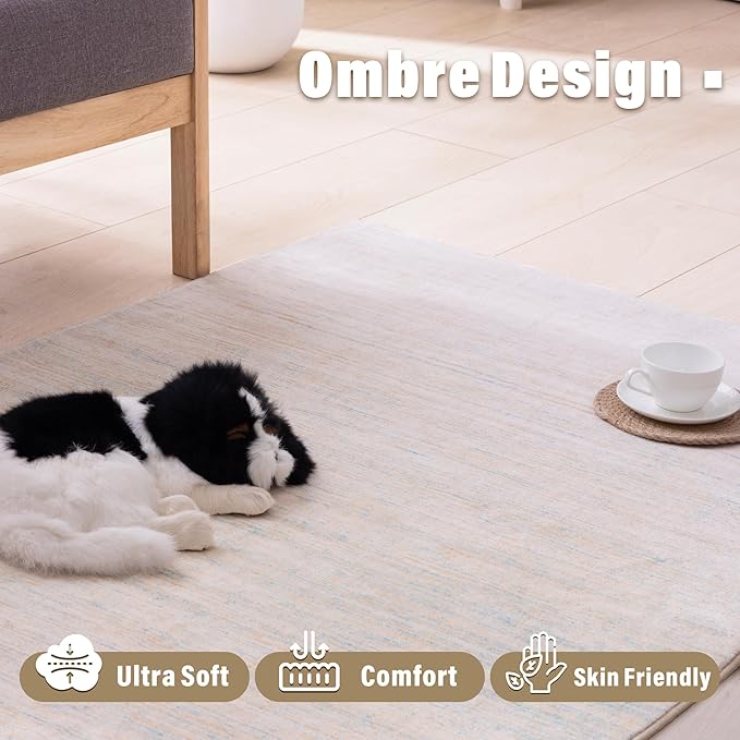 Carvapet Rugs for Living Room, Ombre Beige Modern Boho Low Pile Large Carpet with Rubber Backing, Foldable, Non Slip Machine Washable (7 x 5 Feet Rectangular, Beige Area Rug)
