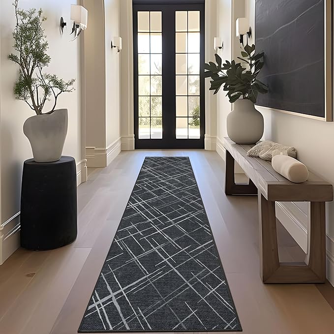 Runners for Hallways Kitchen Runner Rug Non Slip 2x10 Long Washable Runner Rugs No Pile Tear and Stain Resistance, Hand Woven Style Thin Rug for Hallways, Kitchen, Laundry, Bedroom- Black
