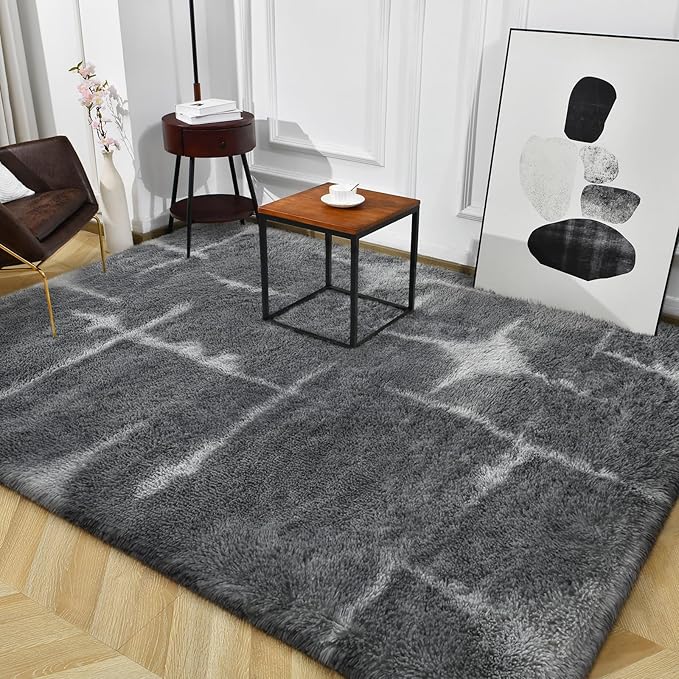 TWINNIS Super Soft Shaggy Rugs Fluffy Carpets, 4x5.9 Feet, Indoor Modern Plush Area Rugs for Living Room Bedroom Kids Room Nursery Home Decor, Upgrade Anti-Skid Rectangular Fuzzy Rug, Grey Star