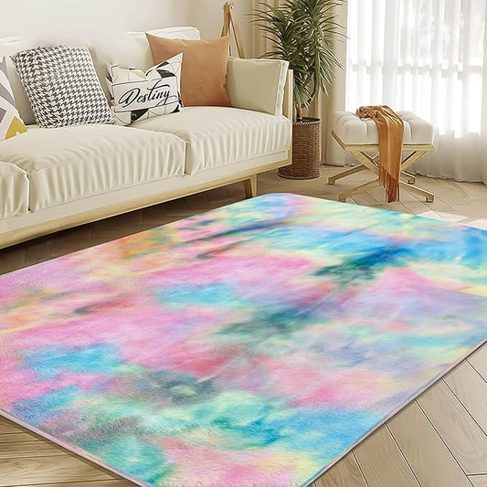 Ultra Soft Area Rug 4x6 Feet, Cosy Fuzzy Faux Fur Area Rug,Indoor Modern Plush Washable Shaggy Rugs for Bedroom Living Room Home Decor, Fluffy Carpet for Kids Room,Nursery,Dorm (Rainbow)