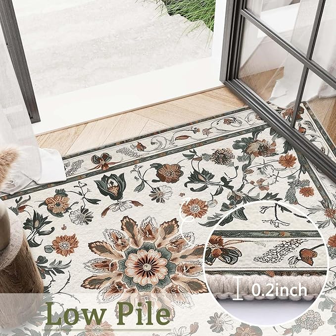 3x5 Entryway Rug Boho Leaf Beige Area Rug Indoor Entrance Non Slip Door Mat Stain Resistant Washable Machine Soft Low Pile Small Carpet Bathroom Kitchen