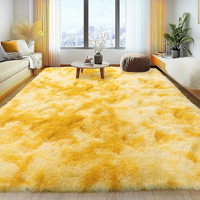 6x9 Fluffy Fuzzy Area Rug for Living Room Bedroom, Ultra Soft Large Living Room Rugs, Non Slip Thick Shag Rug for Dorm, Kids Girls Boys Rug for Home Decor Aesthetic, Tie-Dyed Yellow