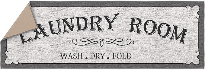 Machine Washable Border Text Design Laundry Room Rug Non-Slip Rubberback 2x5 Laundry Runner Rug for Laundry Room, Bathroom, Washroom, 20" x 59", Light Gray