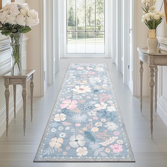 Kitchen Runner Rug 2x6 Washable Non Slip Soft Boho Floral Carpet Runner for Hallways Low Pile Thin Faux Fur Long Area Rug for Bedroom Entrance Patio Laundry Room Bathroom,Pastel Blue
