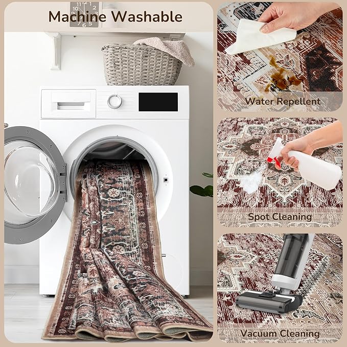 BESTSWEETIE 2x3 Area Rugs for Living Room Washable Non Slip Carpet Low Pile Soft Vintage Print Pattern Rug for Bedroom Dining Room Kitchen Entryway Indoor-Wine/Brown/Brick/Black/Light tan