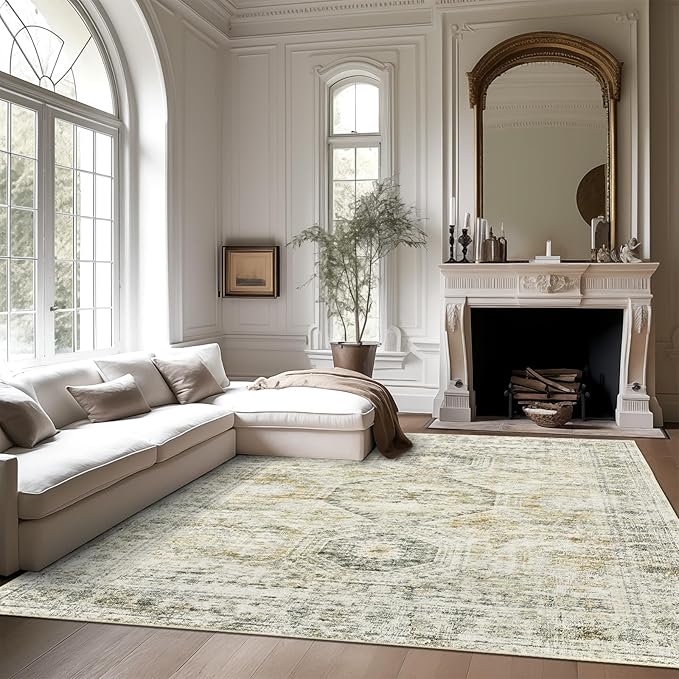 Washable Area Rug 8x10, Large Soft Rugs for Living Room Vintage 8x10 Area Rugs for Bedroom Dining Room Non-Slip Stain Resistant Under Table Grey Rug