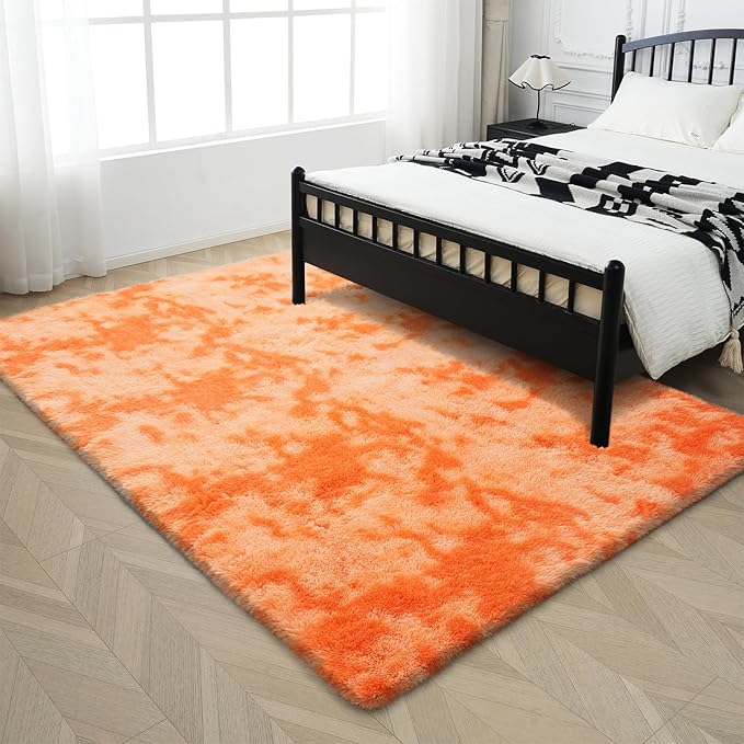 Mottling Orange Fluffy Rug Shaggy Area Rug, 3x5 Area Rugs for Girls Bedroom, Soft Cute Baby Play Mat, Indoor Floor Carpet for Teen, Nursery, Preppy Dorm, Plush Aesthetic Bedside Rug
