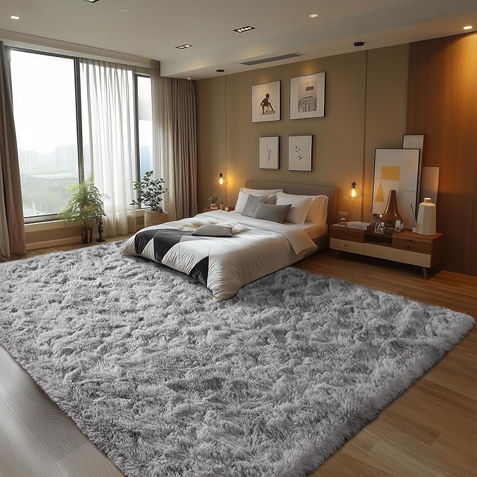 Zentavio Grey and White Area Rugs for Living Room Large Men Room Carpet 9x12 Bedroom Fluffy Furry Shag Aesthetic Plush High Pile Floor Rug for Kids Room Dorm Home Decor Tie-Dyed