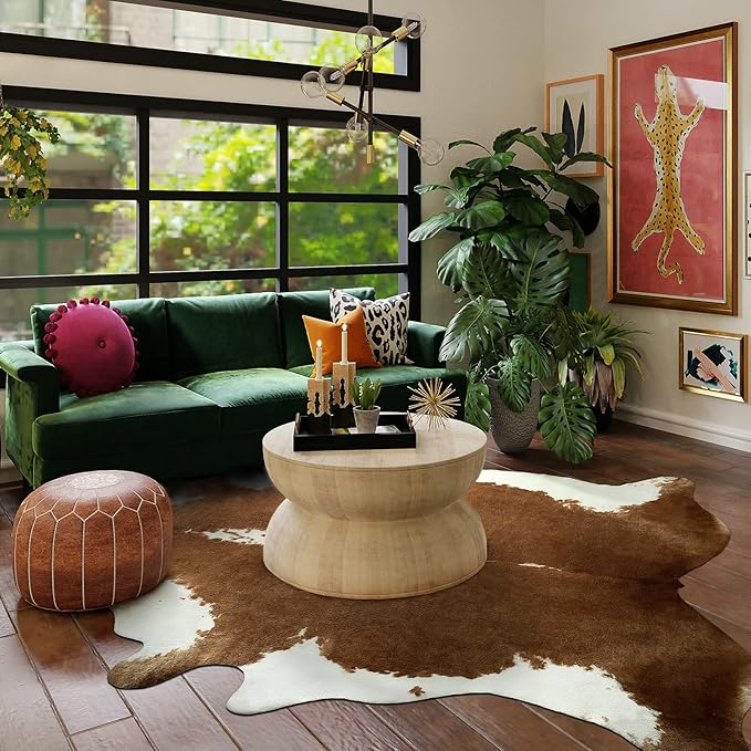 AROGAN Premium Faux Cowhide Rug 6.2 x 5.2 Feet, Sturdy and Large Size Cow Print Rugs, Suitable for Bedroom Living Room Western Decor, Faux Fur Animal Cow Hide Carpet, Brown