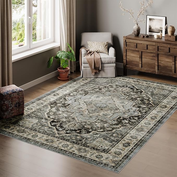 Dripex 5x7 Area Rugs, Machine Washable Non Slip Distressed Boho Rugs, No Pile Lightweight Vintage Rug, Floor Carpet for Living Room,Dining Room,Bedroom and Office,Dark Blue and Green