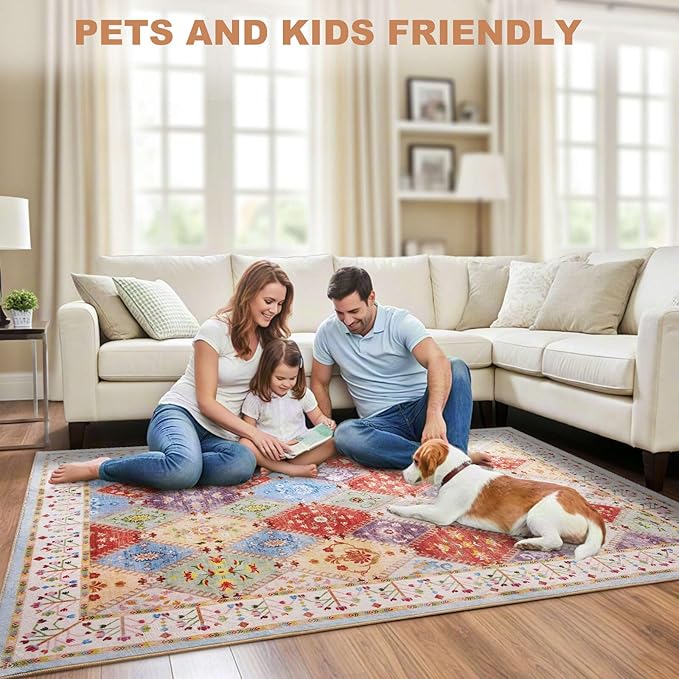 Cream Washable Area Rug for Living Room, 8x10 Boho Non-Slip Bedroom Rugs, Moroccan Floral Trellis Carpet Soft Low Pile Accent Indoor Mat for Kitchen Laundry Room