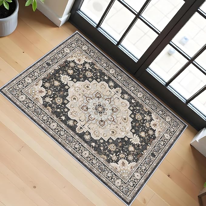 Washable 2x3 Entryway Area Rug: Vintage Non-Slip Backing Rugs for Kitchen Bathroom Water Resistant Carpet for Bedroom Soft Low Pile Front Door Mat for Dining Room 2x3 Black