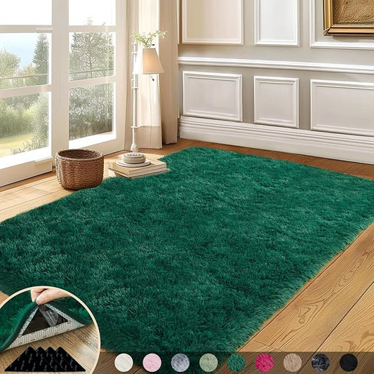 5x7 Rugs for Living Room, Large Fluffy Dark Green Area Rugs for Bedroom, Soft Carpet Shag Kids Rug with 4 Non-Slip Rug Pads (5ft x 7ft, Dark Green)