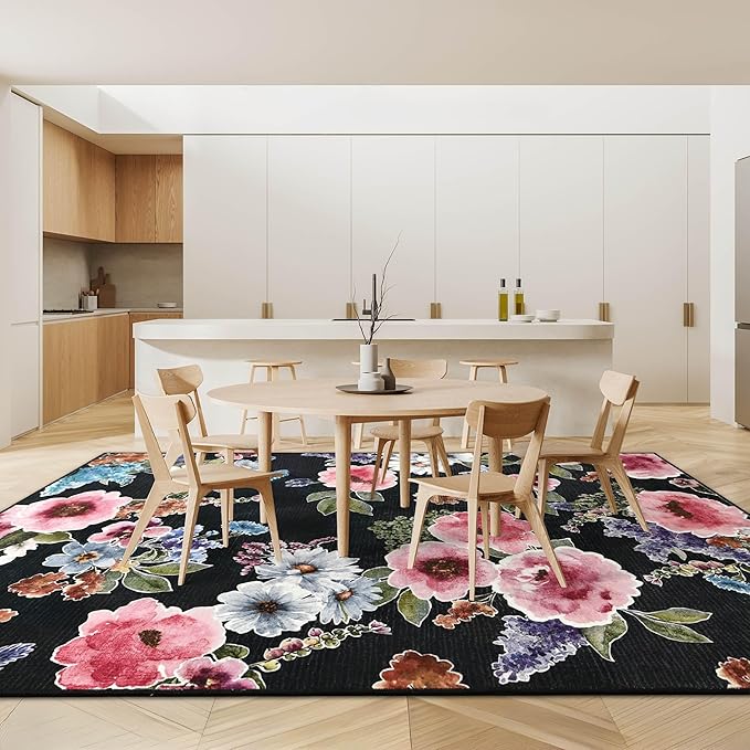 Bedroom Rug 3x5 Washable Rug Non-Slip Boho Floral Area Rug Low Pile Small Carpet for Bedroom Bedside, Entryway, Kitchen, Home Office, College Dorm Girls Room (Black)