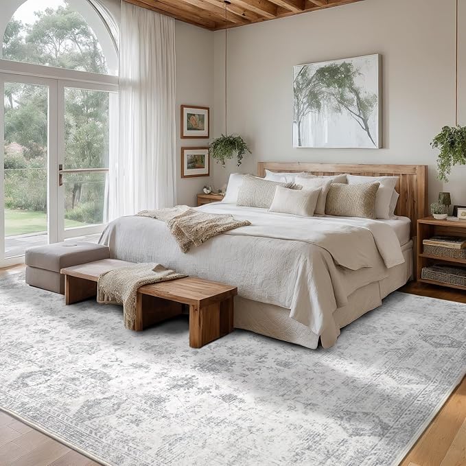 Washable 9×12 Area Rugs for Living Room, Vintage Floral Rug Soft Non Slip Stain Resistant Boho Carpet for Bedroom Dinning Room Kitchen Home Office Grey