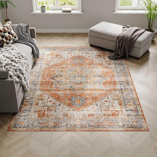 Dripex 4x6 Area Rugs, Machine Washable Non Slip Boho Rugs,Distressed Bedroom Rug, No Pile Lightweight Vintage Rug, Floor Carpet for Living Room,Dining Room and Office,Orange
