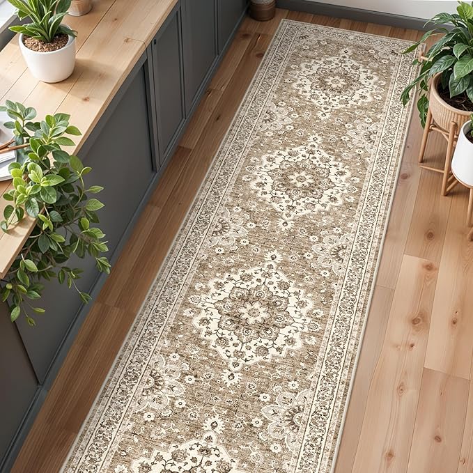 Washable Oriental Hallway Runner Rug - 3x20 Rugs for Living Room Soft Carpet for Bedroom Kitchen Waterproof Floral Distressed Indoor Stain Resistant Non-Shedding Floor Carpets (Beige, 3X20)