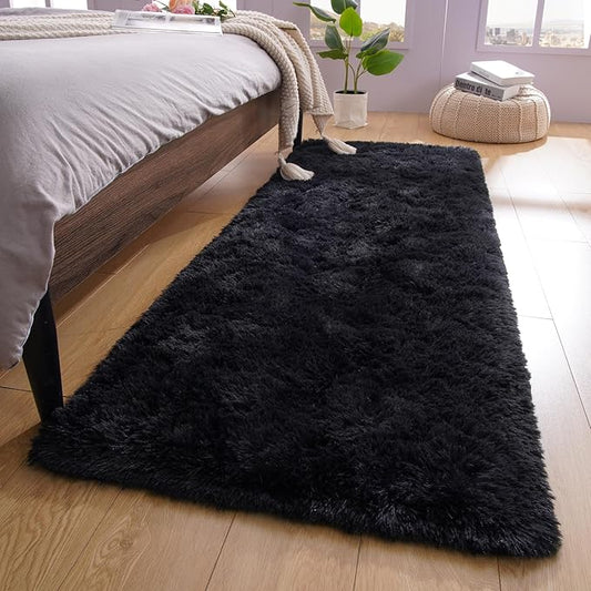 YJ.GWL Runner Rugs for Hallway, 2x4 Washable Small Black Bedside Rugs for Living Room Bedroom, Soft Fluffy Shaggy Indoor Floor Carpet for Kids Boy and Girls Room Nursery Home Decor Aesthetic