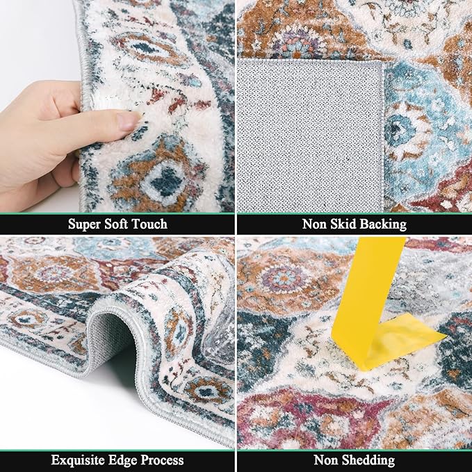 HEBE Hallway Runner Rug 2'x5' Washable Vintage Distressed Area Rugs Non Slip Laundry Rug Runner Boho Floor Carpet Runners for Hallways Entryway Laundry Room Kitchen Bathroom