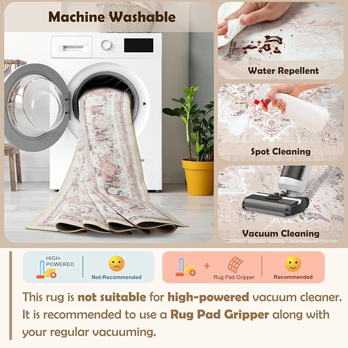 BESTSWEETIE 6ft Area Rugs for Living Room Washable Non Slip Carpet Low Pile Soft Vintage Print Pattern Rug for Bedroom Dining Room Kitchen Entryway Indoor-Light Pink