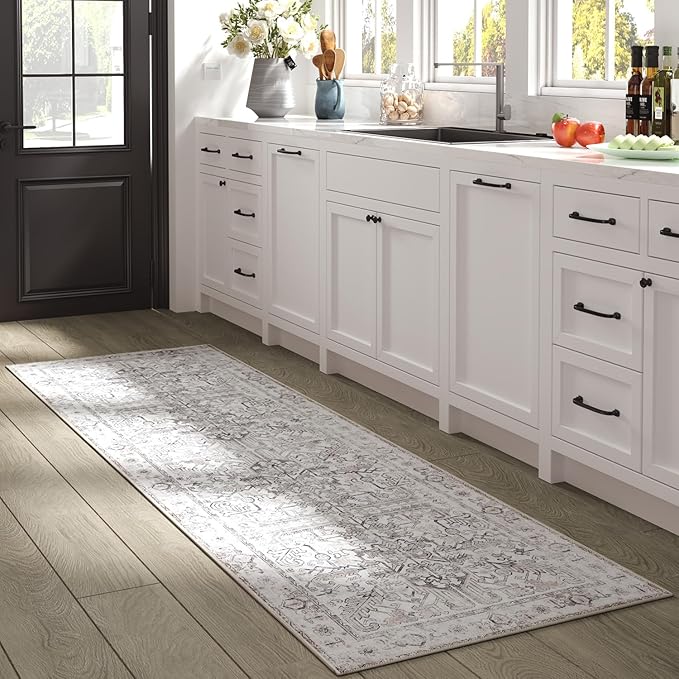 jinchan Runner Rug 2x7 - Vintage Hallway Machine Washable Rug Floral Non Slip with Rubber Backing Ultra-Thin Carpet Runner for Kitchen Bedroom Laundry Room Farmhouse Entryway (2x7ft,Taupe)