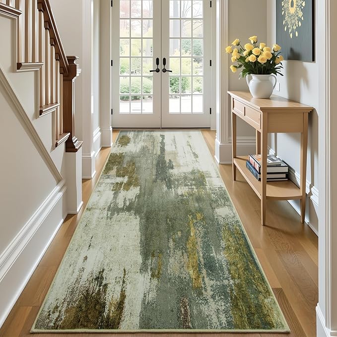 Washable Runner Rug, 2'6''x8' Kitchen Rugs Green Long Runner Rugs with Rubber Backing, Abstract Non-Slip Carpet Runners for Hallways, Kitchen, Bedroom, Laundry, Entrance