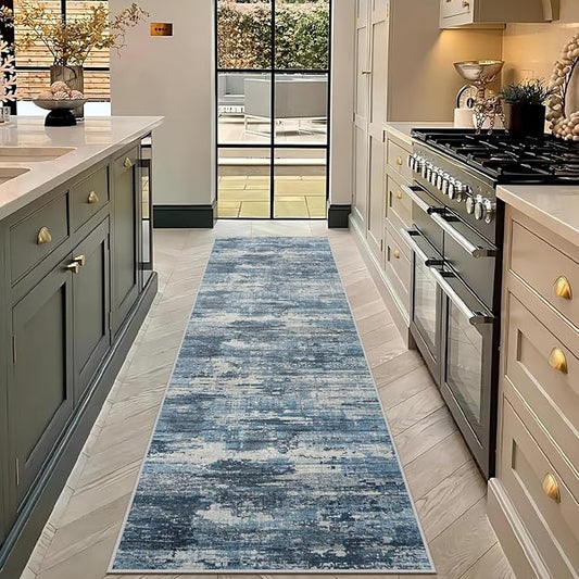 Runner Rug 2'6''x8' Washable Rugs: Machine Washable Hallway Runner Rug with Non Slip Backing Non Shedding Abstract Stain Resistant Carpet for Kitchen Entryway Laundry Bedroom - Beige/Blue