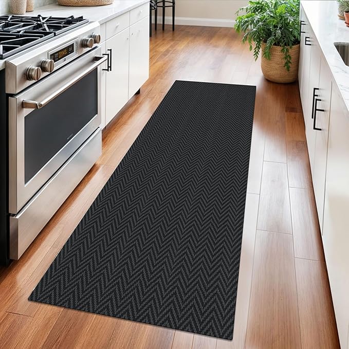 2x5 Ft Runner Rug Washable Runners for Hallways Kitchen Runner Rug with Rubber Backing Cotton Entryway Runner Indoor, Woven Floor Carpet for Hall Kitchen Bedroom, Black/Grey