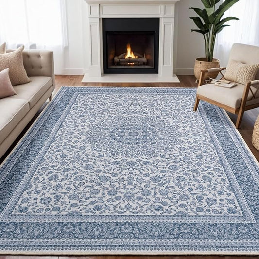 Floral Washable Area Rug 9x12, Spill-Proof Surface, Non-Slip Backing, Cozy Soft Faux Wool, Printed Rug for Living Room, Bedroom, Dining Room - Ieve