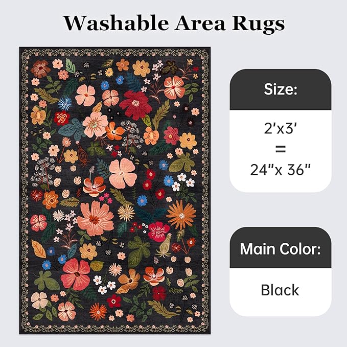 2x3 Rug Front Door Indoor Entrance Boho Vintage Floral Pattern Black Faux Wool Throw Rugs with Rubber Backing Washable Non Slip Stain Resistant Doormat Small Area Rugs for Entryway Kitchen Laundry