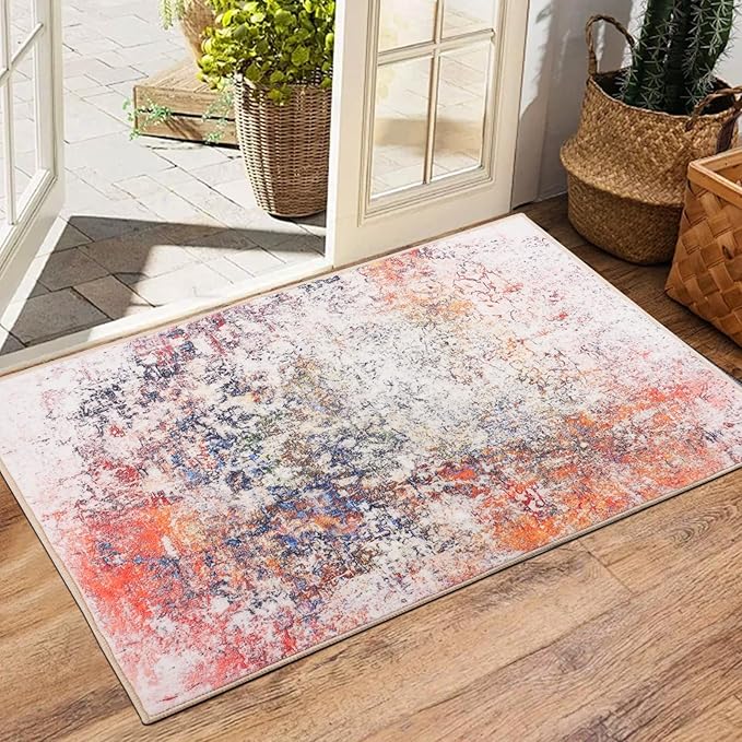 2x3 Rug Washable Boho Rug Soft Small Area Rug Non-Slip Doormat Faux Wool Abstract Rug Low Pile Indoor Throw Rug for Kitchen, Floor, Entryway