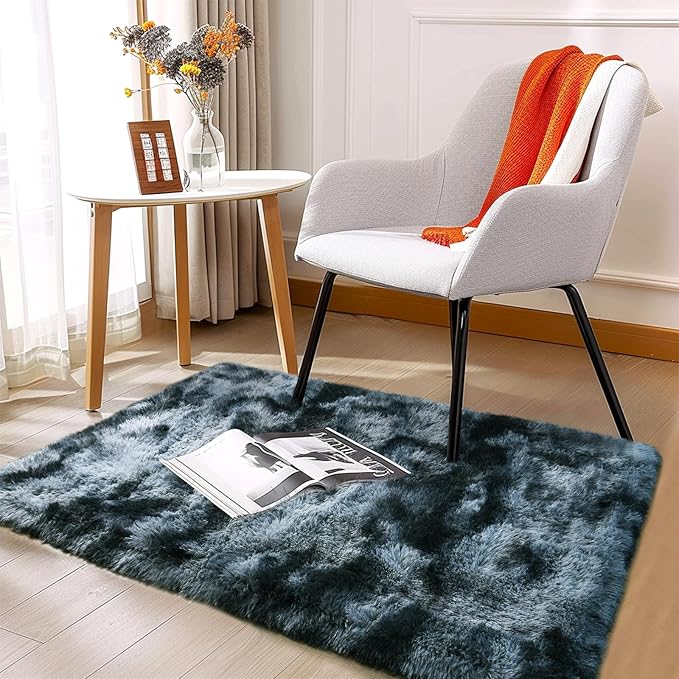 Anti-Skid Fuzzy Rug - Fluffy Non-Slip Shag Rug for Living Room & Nursery - Tie-Dyed Blue Grey Rectangle 2x3 Feet