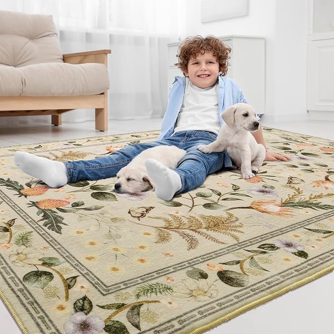 Area Rugs for Living Room, Non-Slip 4x6 Washable Rug for Bedroom,Vintage Floral Carpet for Entryway Office Kitchen Dining Room, Beige