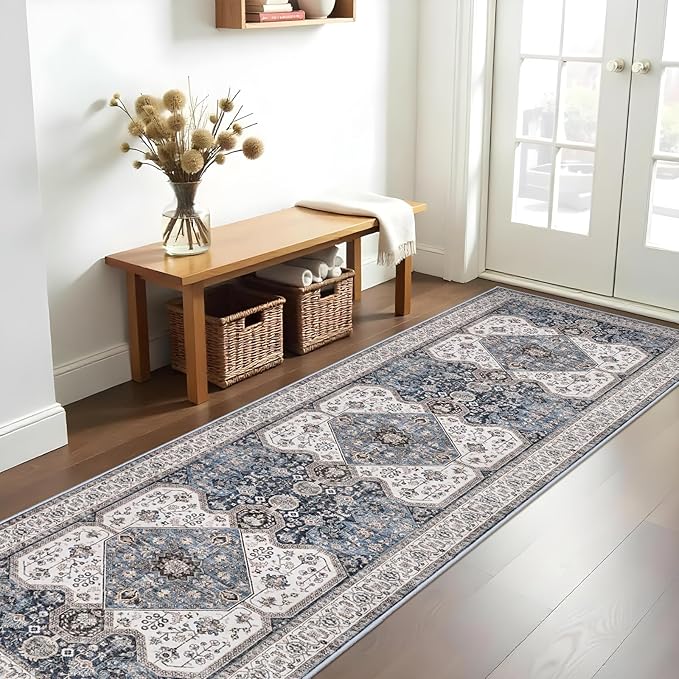 RUUGME Washable 3x10 Runner Rugs - Hallway Runner Rug for Living Room Kitchen Non Slip Stain Resistant Carpet Vintage Tribal Rugs for Bedroom BathroomHome Decor Floor Decoration Mat 3x10 Navy