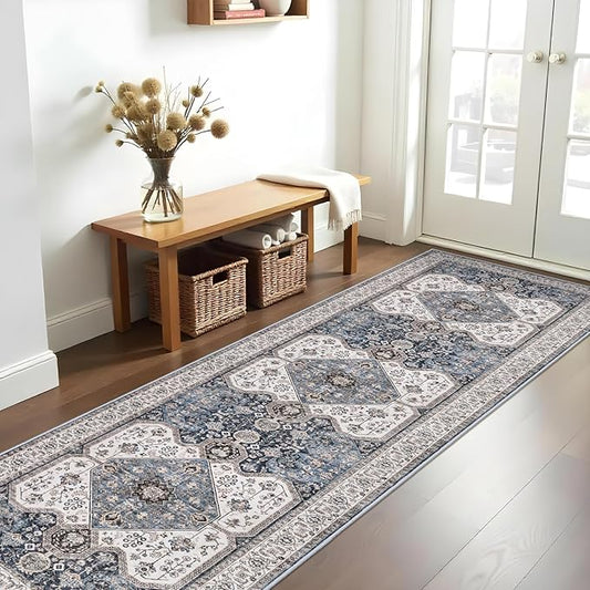 RUUGME Washable 3x10 Runner Rugs - Hallway Runner Rug for Living Room Kitchen Non Slip Stain Resistant Carpet Vintage Tribal Rugs for Bedroom BathroomHome Decor Floor Decoration Mat 3x10 Navy