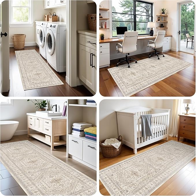 2x5 Runner Rug for Hallway Washable: Non Slip Kitchen Rugs with Rubber Backing Soft Waterproof Mats Stain Resistant Indoor Vintage Carpet Runner for Bedroom Bathroom Laundry Entryway Beige/Gray
