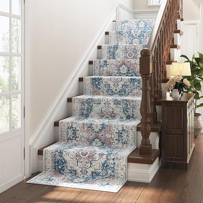 jinchan Runner Rug 2x7 Hallway Rug Kitchen Washable Runner Vintage Mat Retro Lightweight Non-Slip Floor Cover Distressed Thin Carpet for Entryway Bathroom Bedroom Laundry Room Stairway Navy Blue