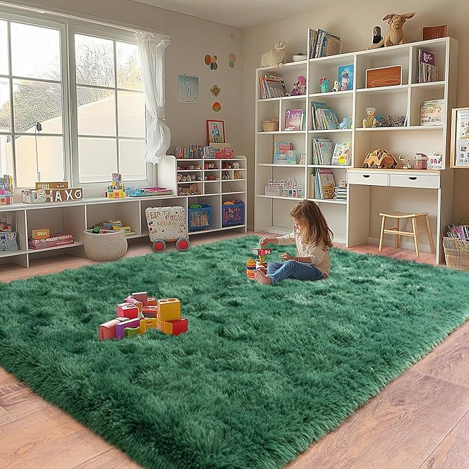 Modern Fluffy Area Rug, Green, 6x9 Feet, Machine Made, Tie-Dye, Rectangular, Microfiber, Indoor, Stain Resistant, Hand Wash Only