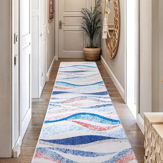 Carvapet Rugs for Hallway Laundry Bedroom, Modern Floral Low Pile Long Carpet with Rubber Backing, Foldable, Non Slip Machine Washable (10 x 3 Feet Rectangular, Orange Runner Rug)