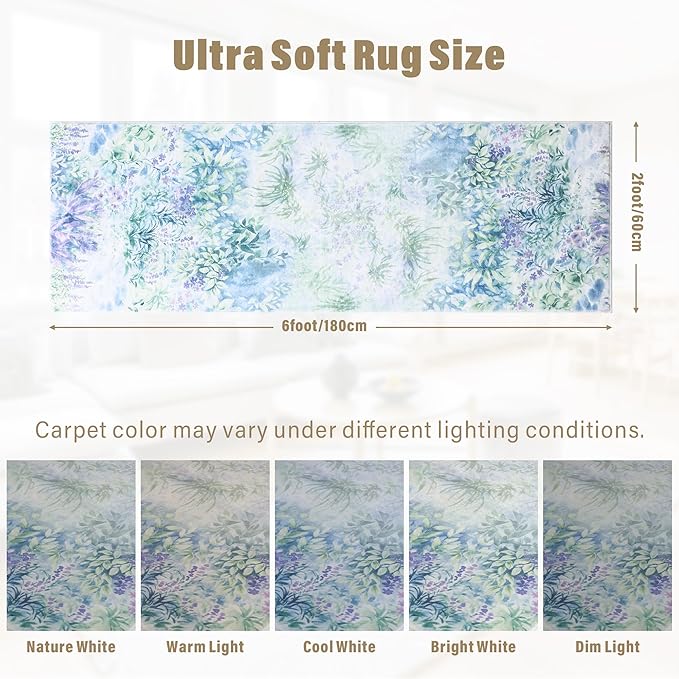 Carvapet Rugs for Hallway Laundry Bedroom, Modern Floral Low Pile Long Carpet with Rubber Backing, Foldable, Non Slip Machine Washable (6 x 2 Feet Rectangular, Dream Garden Runner Rug)