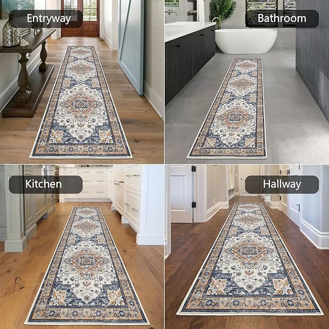 HEBE Hallway Runner Rug 2'x8' Washable Vintage Distressed Area Rugs Non Slip Laundry Rug Runner Boho Floor Carpet Runners for Hallways Entryway Laundry Room Kitchen Bathroom