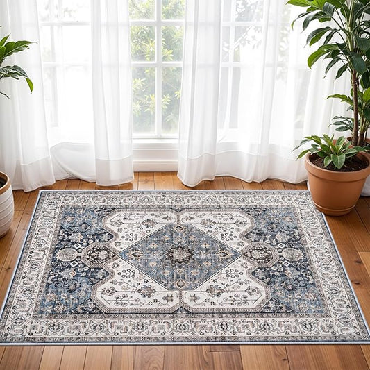 RUUGME Washable 2x3 Area Rug - Boho Rugs for Entry Way Stain Resistant Carpet Vintage Rugs for Bedroom Kitchen Bathroom with Non Slip Backing Floor Decoration Mat 2x3 Navy
