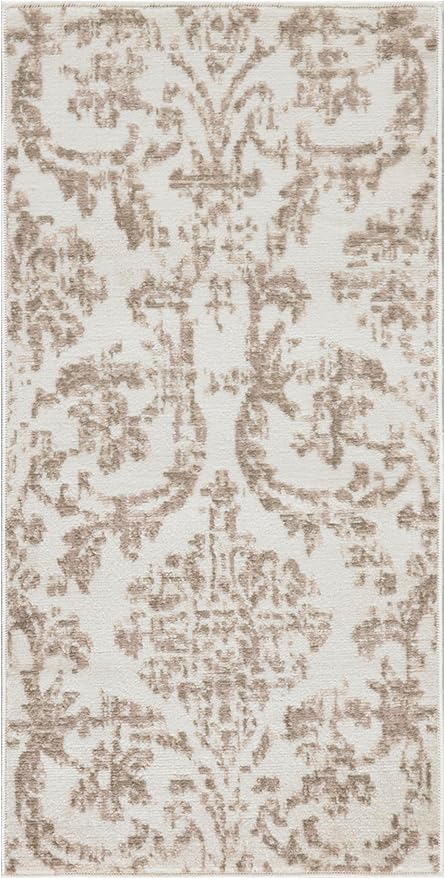 Nourison Jubilant Damask Ivory Beige 2' x 4' Area Rug, Easy Clean, Non Shedding, Bed Room, Living Room, Dining Room, Kitchen (2x4)