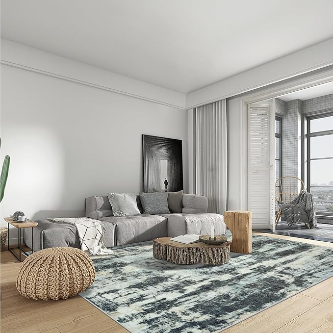 10x14 Area Rugs Washable Rug: Modern Abstract Living Room Rug Soft Anti-Skid Thin Carpet Indoor Floor Non-Shedding Carpets for Bedroom Dining Room Farmhouse Nursery Home Office Black Blue